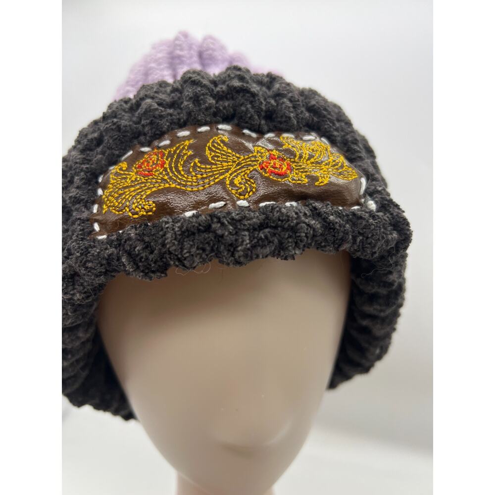 Chunky‎ Chenille Knit Bohemian Embroidered Logo Ski Cap Beanie Hat Purple Large - Picture 2 of 7